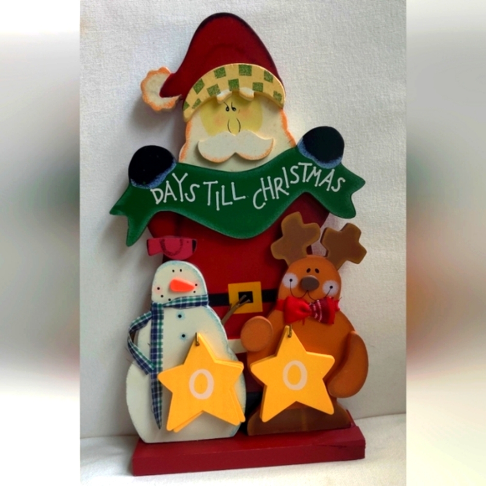 Christmas Countdown Wood Calendar Santa Snowman Reindeer New Condition
